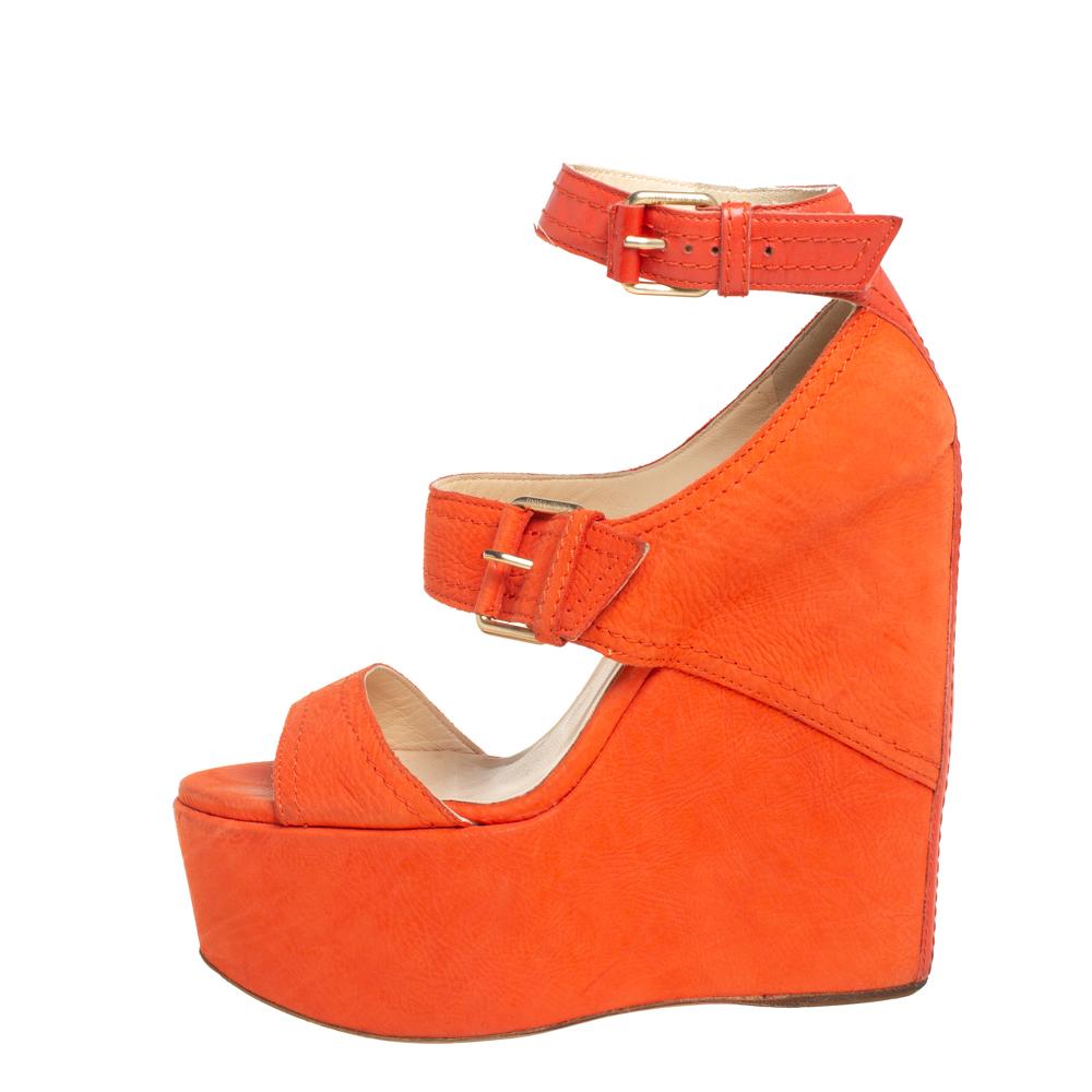 Red Jimmy Choo Orange Nubuck Letitia Multi Strap Platform Sandals Size 37.5