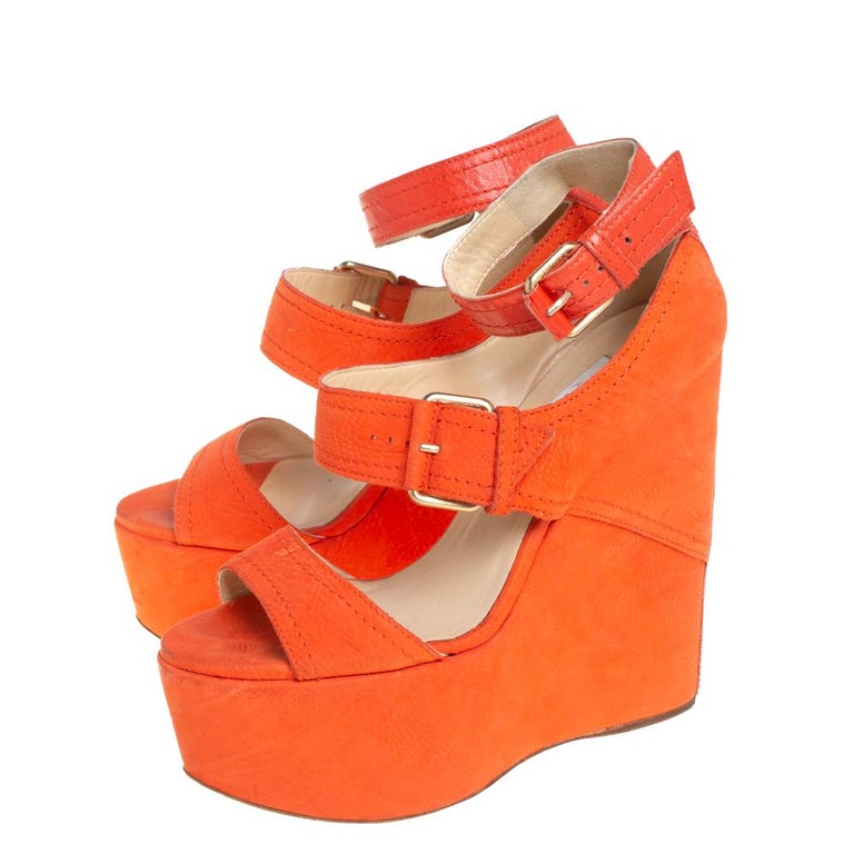 Jimmy Choo Orange Nubuck Letitia Multi Strap Platform Sandals Size 37.5 ...