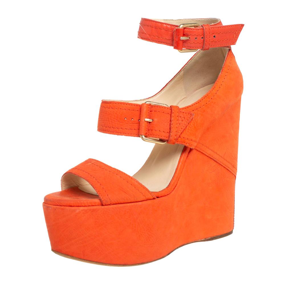 Jimmy Choo Orange Nubuck Letitia Multi Strap Platform Sandals Size 37.5