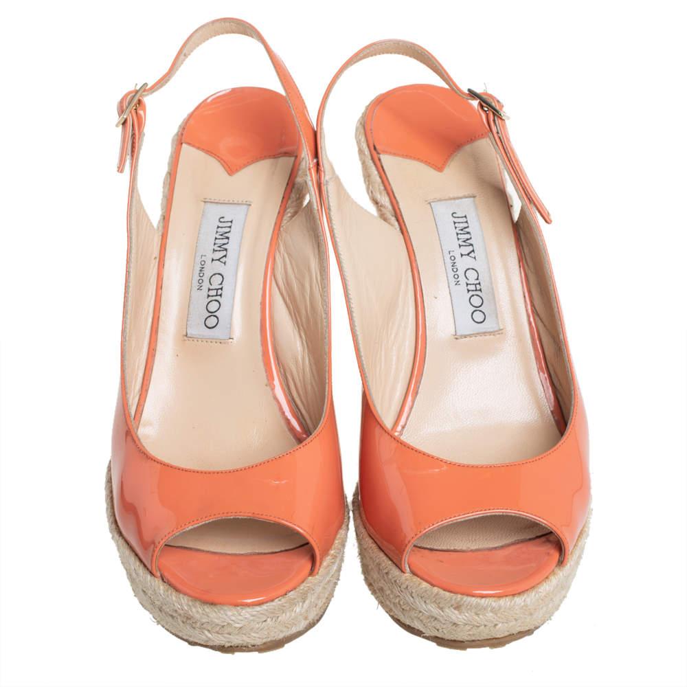 Beige Jimmy Choo Orange Patent Leather Espadrille Wedge Slingback Sandals Size 38.5
