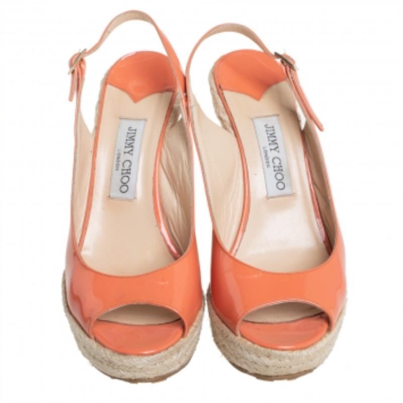 Beige Jimmy Choo Orange Patent Leather Espadrille Wedge Slingback Sandals Size 38.5 For Sale