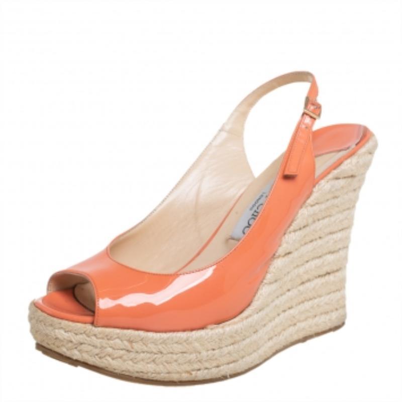 Jimmy Choo Orange Patent Leather Espadrille Wedge Slingback Sandals Size 38.5 In Good Condition For Sale In Dubai, Al Qouz 2