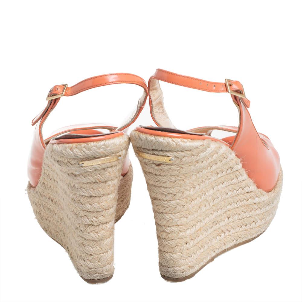 Women's Jimmy Choo Orange Patent Leather Espadrille Wedge Slingback Sandals Size 38.5