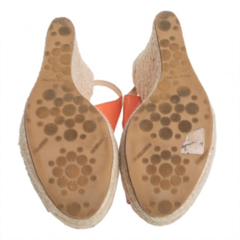 Jimmy Choo Orange Patent Leather Espadrille Wedge Slingback Sandals Size 38.5 For Sale 2