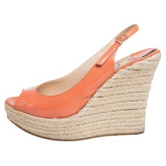 Jimmy Choo Orange Patent Leather Espadrille Wedge Slingback Sandals Size 38.5
