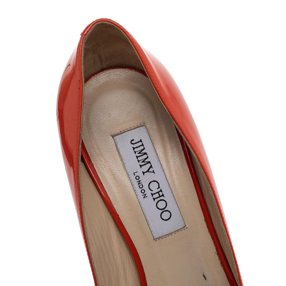 Jimmy Choo Orange Patent Leather Peep Toe Platform Pumps Size 38 In Good Condition In Dubai, Al Qouz 2