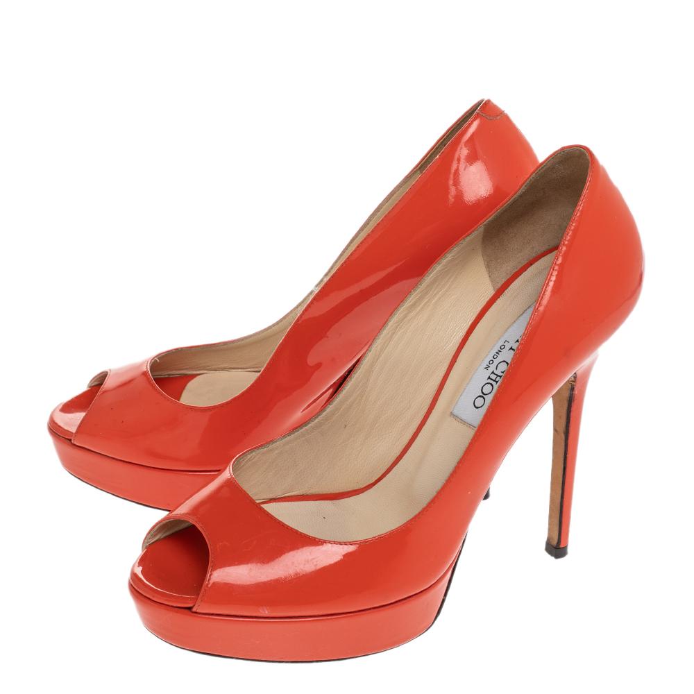 Women's Jimmy Choo Orange Patent Leather Peep Toe Platform Pumps Size 38