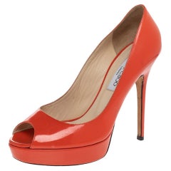 Jimmy Choo Orange Patent Leather Peep Toe Platform Pumps Size 38