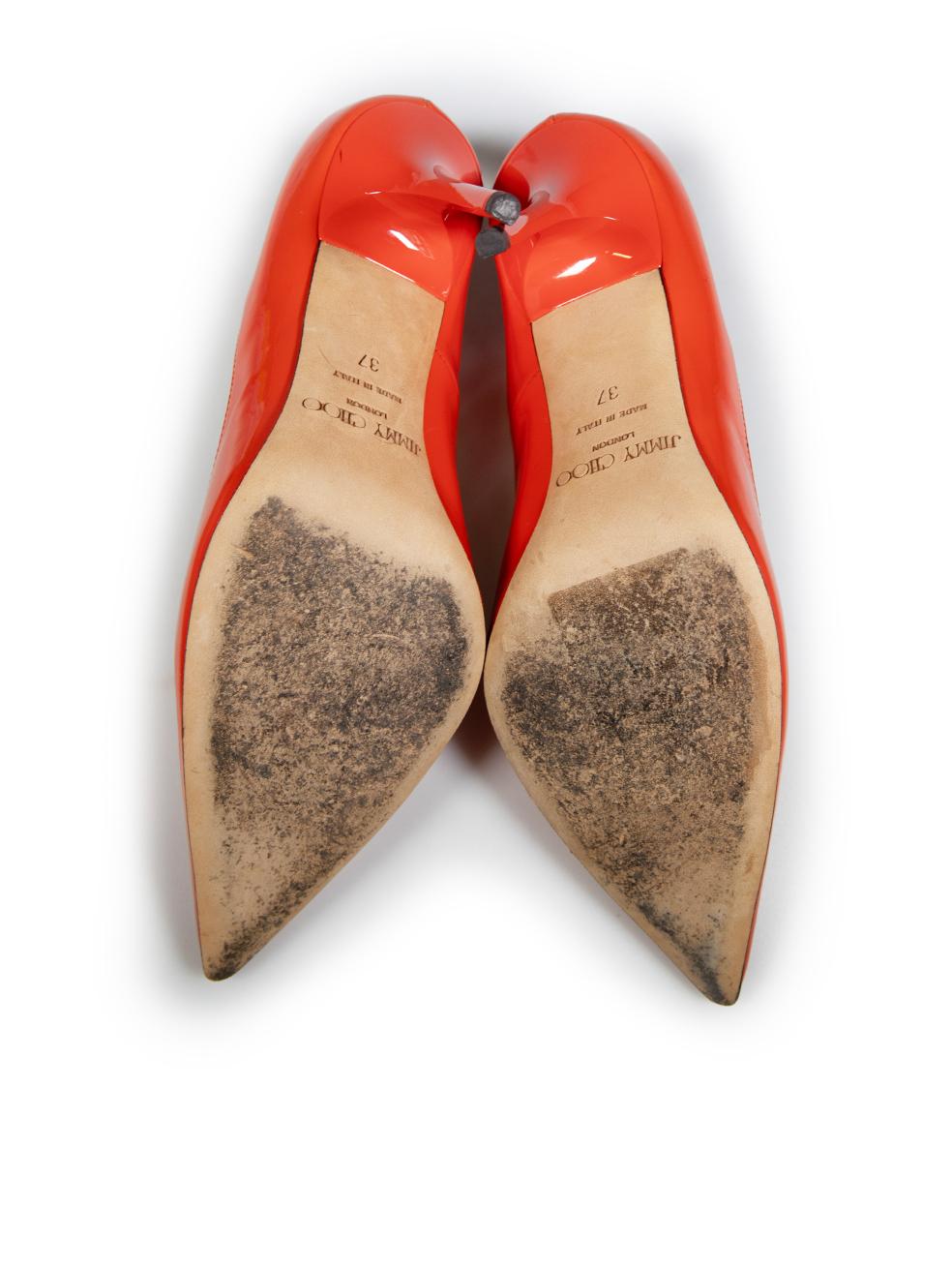 Jimmy Choo Orange Patent Pointed Toe Pumps Size IT 37 In Good Condition In London, GB