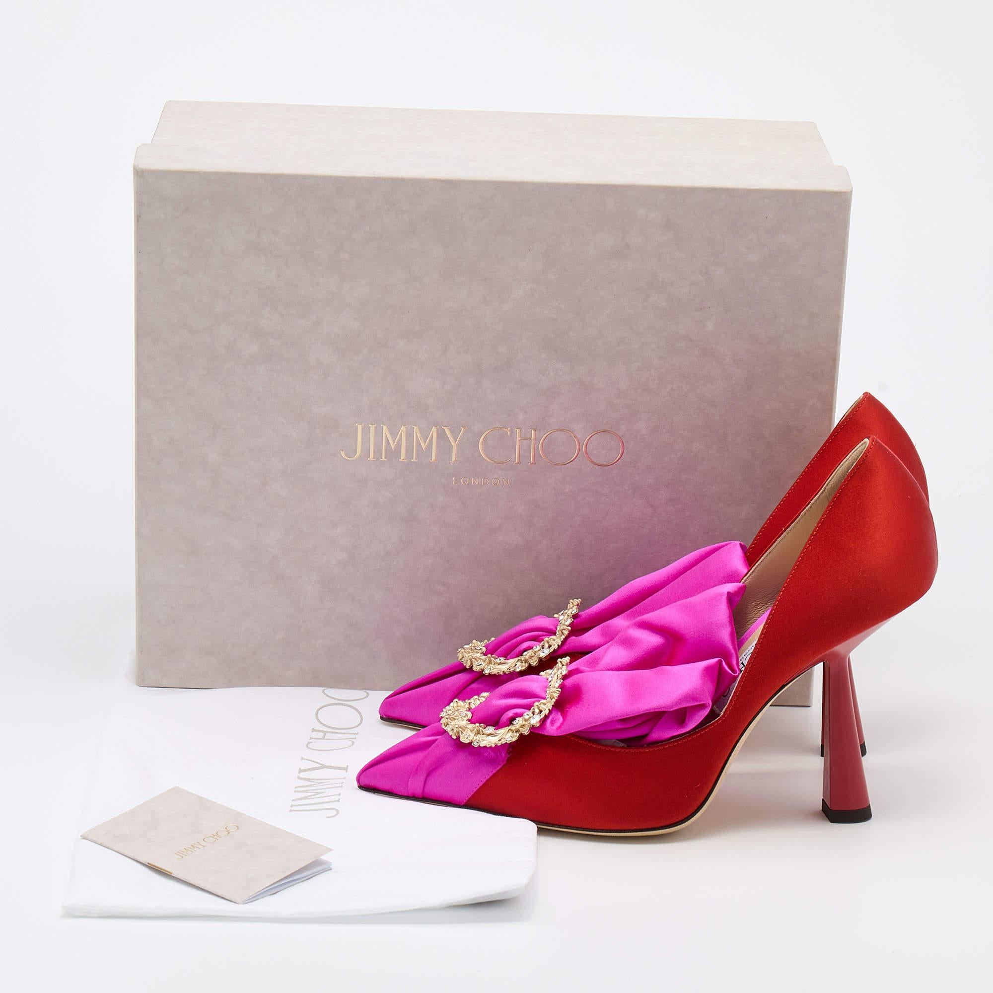 Jimmy Choo Orange/Pink Satin Lyz Embellished Pumps Size 38 In New Condition In Dubai, Al Qouz 2