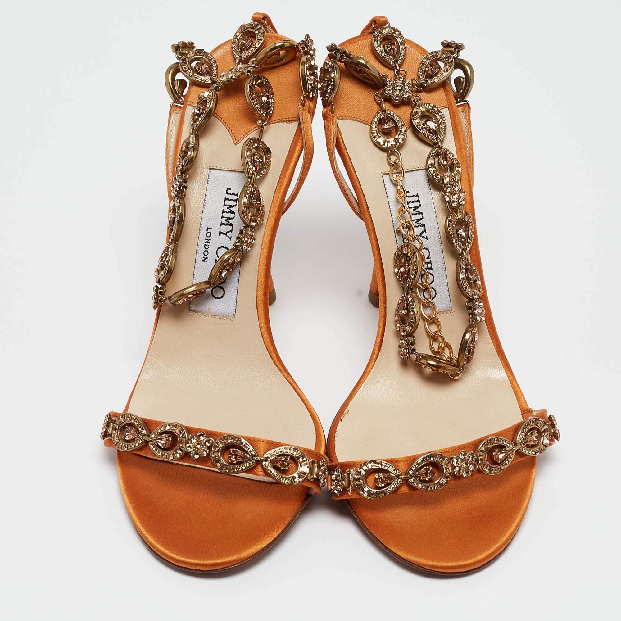 Jimmy Choo Orange Satin Crystals Embellished Sandals Size 37 In Good Condition In Dubai, Al Qouz 2