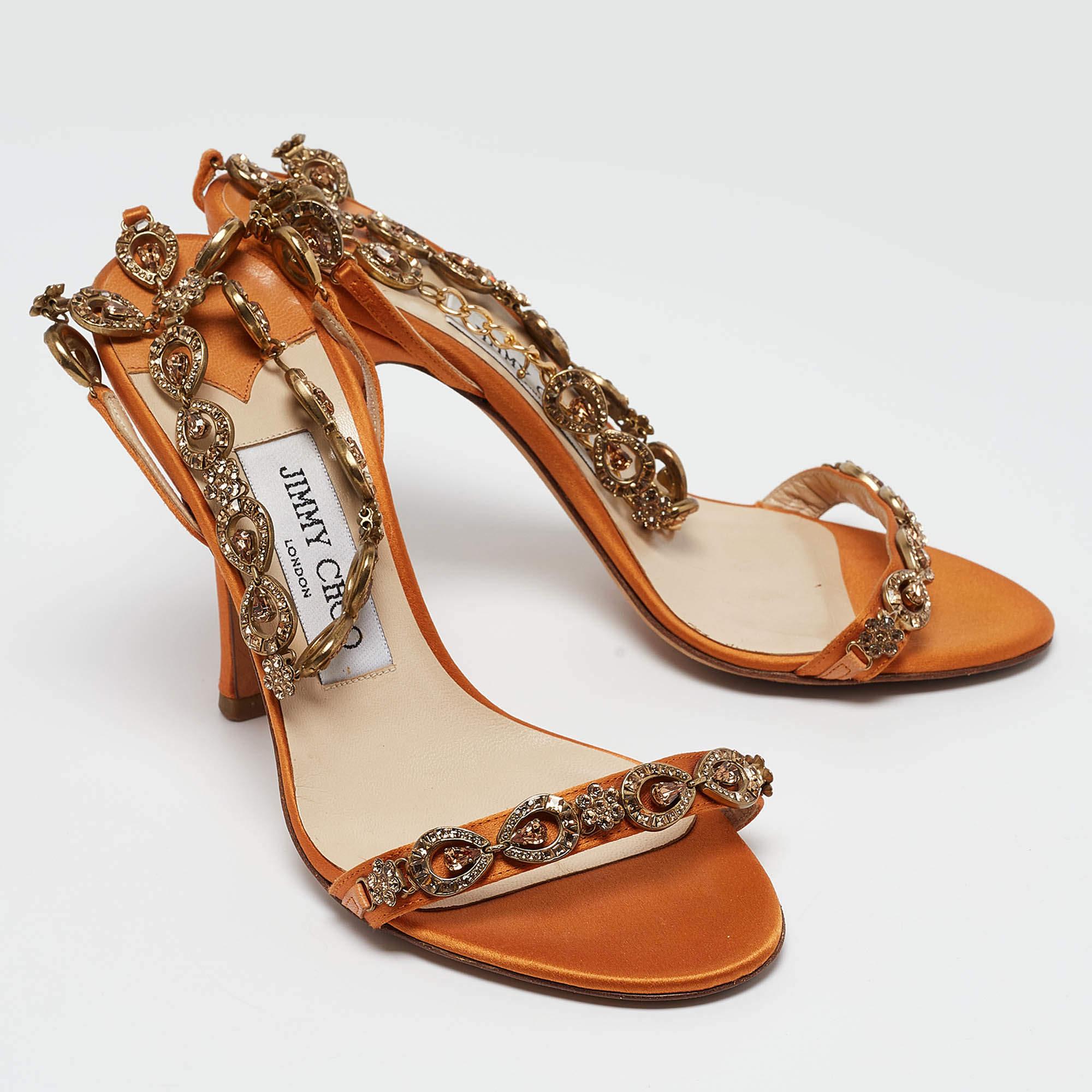 Women's Jimmy Choo Orange Satin Crystals Embellished Sandals Size 37