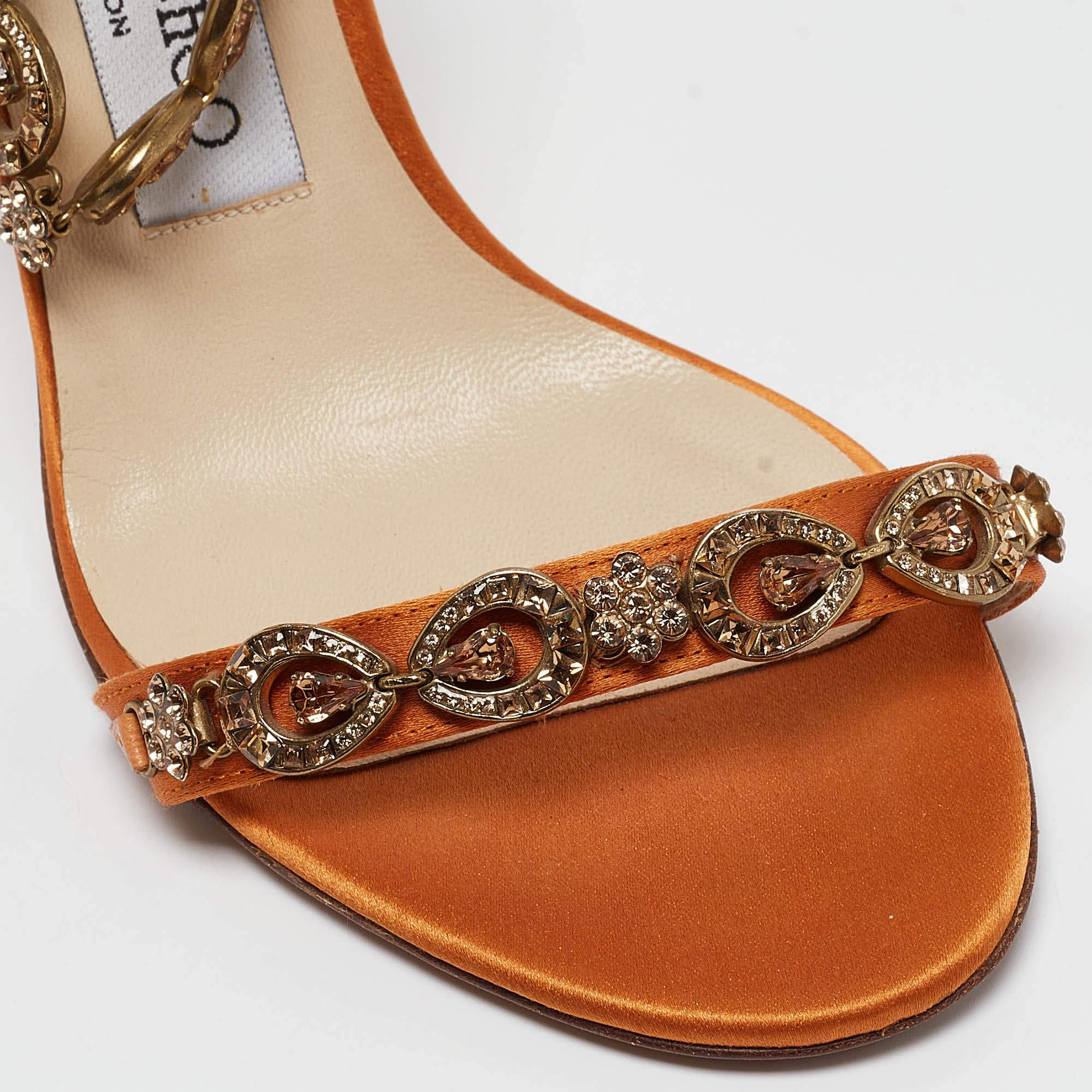 Jimmy Choo Orange Satin Crystals Embellished Sandals Size 37 3
