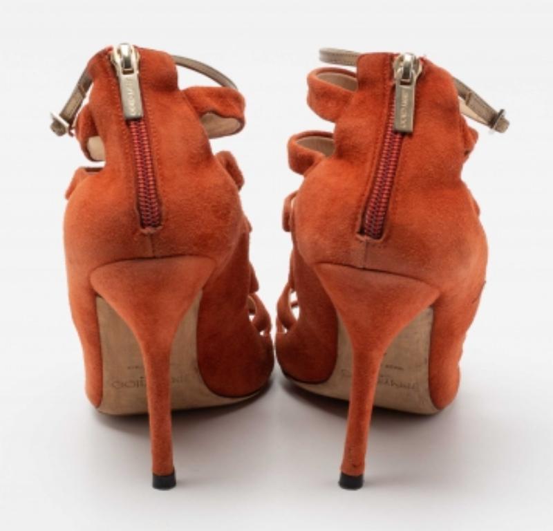 Women's Jimmy Choo Orange Suede Fathom Strappy Cage Sandals Size 40 For Sale