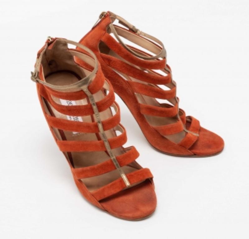 Jimmy Choo Orange Suede Fathom Strappy Cage Sandals Size 40 For Sale 4