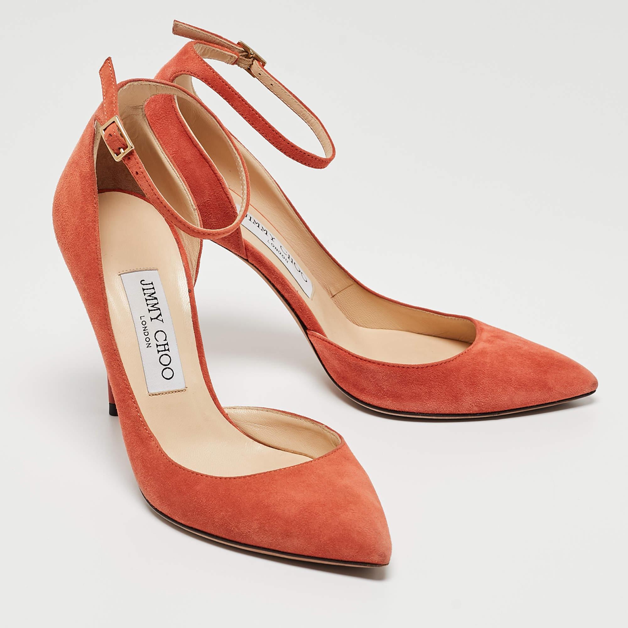 Women's Jimmy Choo Orange Suede Lucy Ankle-Strap Pumps Size 36.5 For Sale
