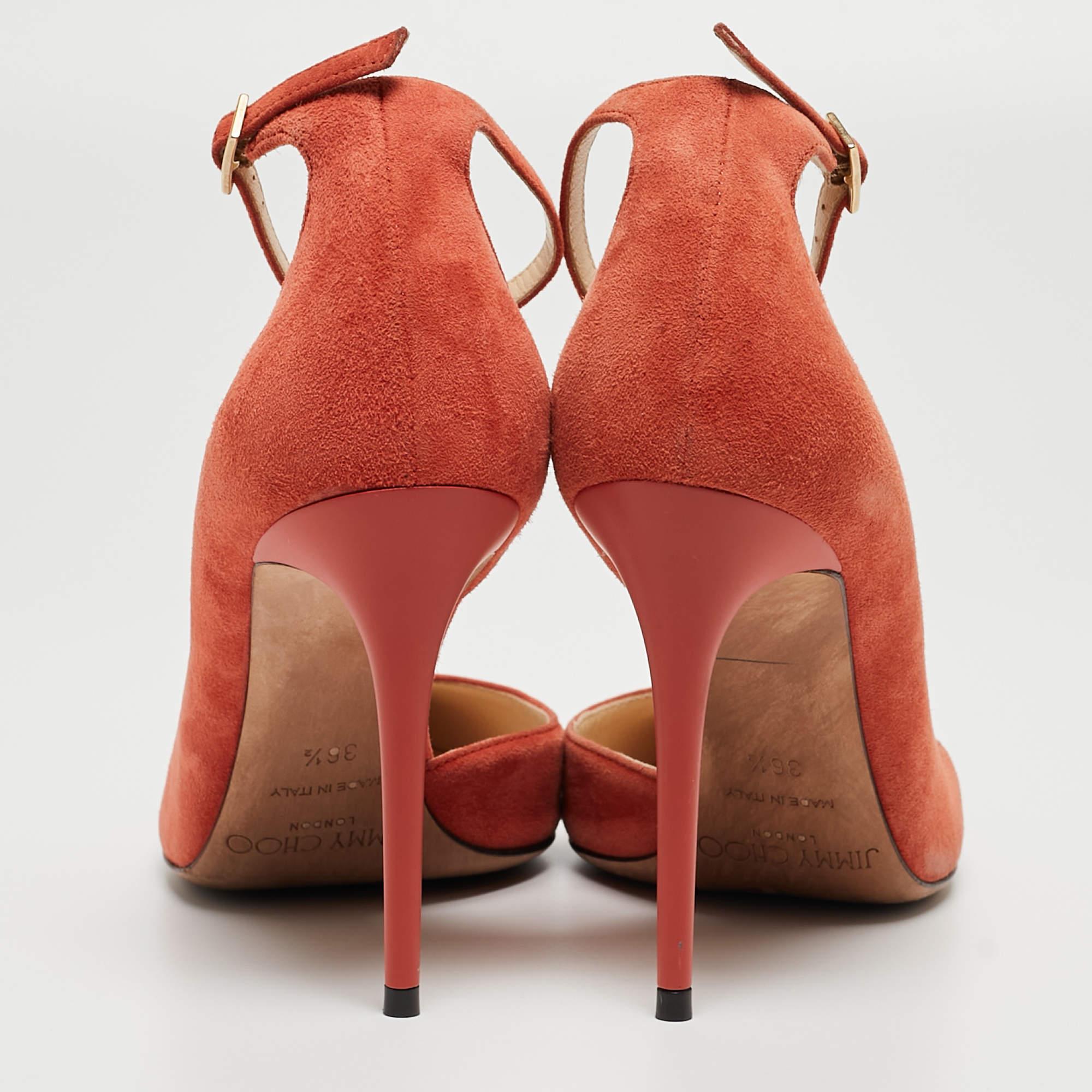 Jimmy Choo Orange Suede Lucy Ankle-Strap Pumps Size 36.5 For Sale 1