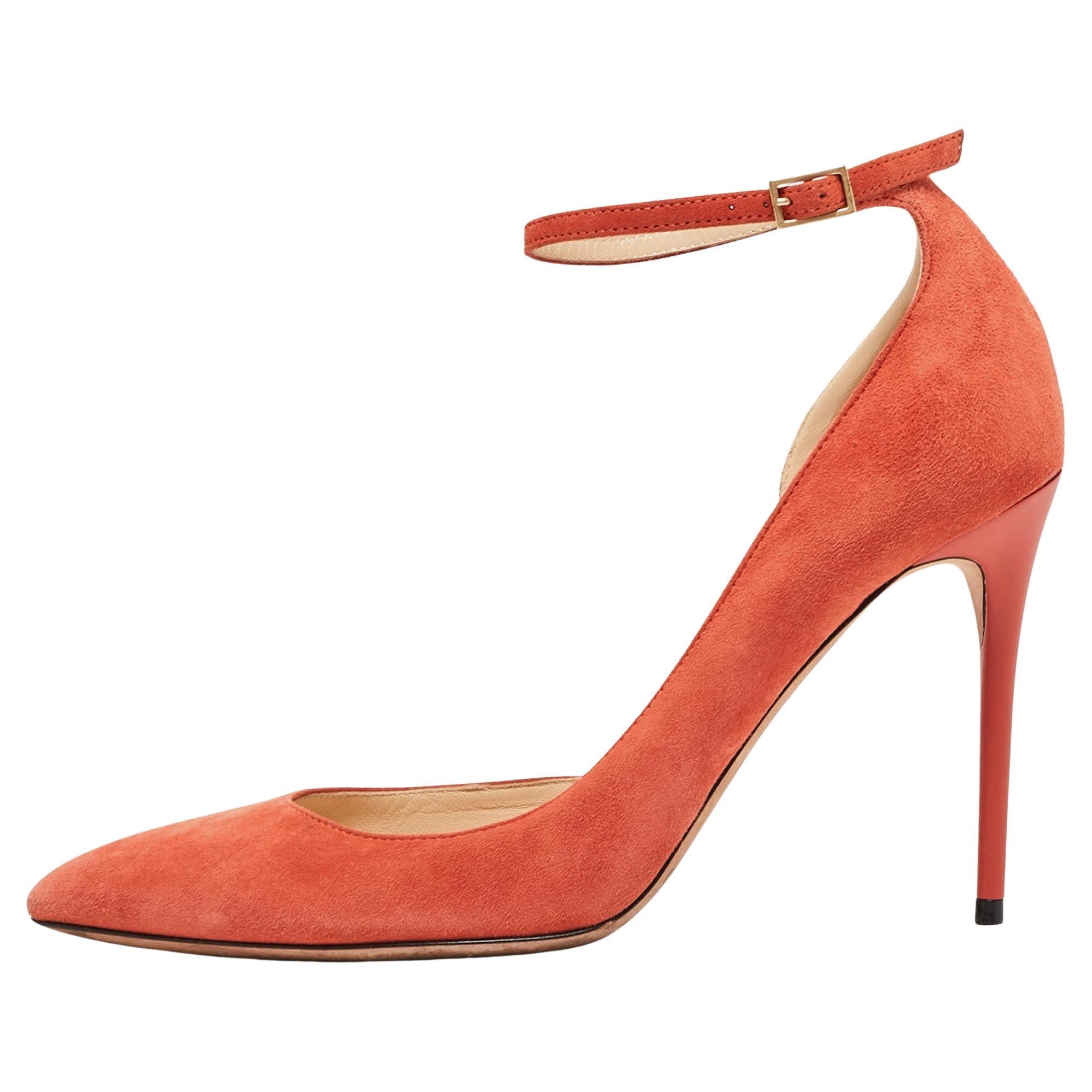 Jimmy Choo Orange Suede Lucy Ankle-Strap Pumps Size 36.5 For Sale