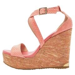 Jimmy Choo Orange Watersnake Leather Cross Strap Platform Wedge Sandals Size 38