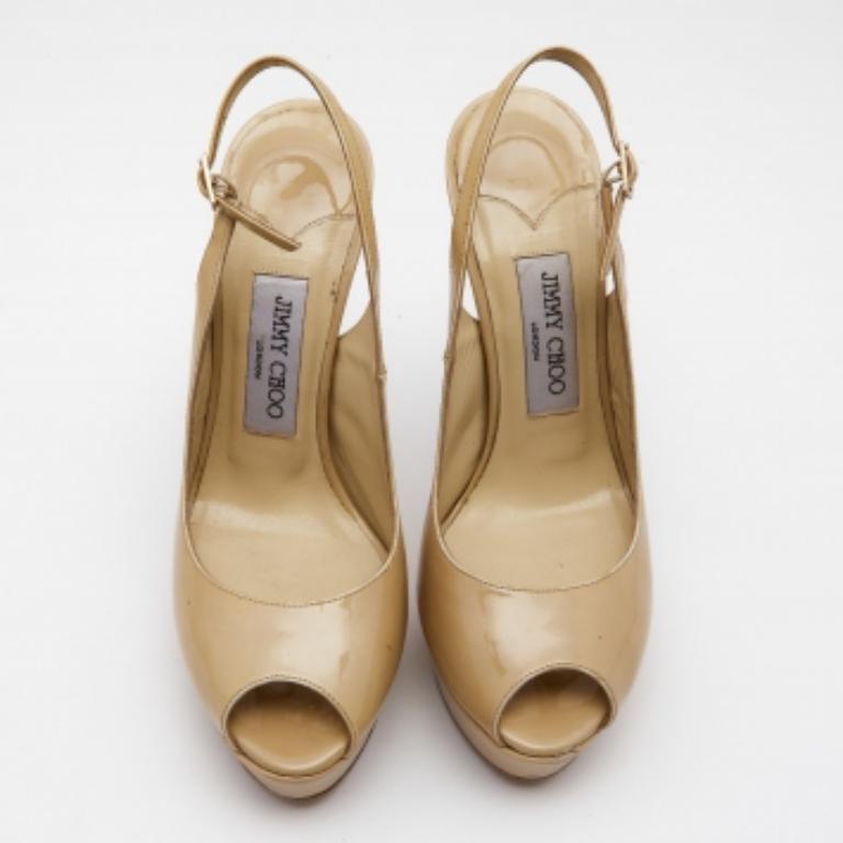 Jimmy Choo Sandalias de charol Vita Peep Toe Platform Slingback Talla 38.5 en venta 2