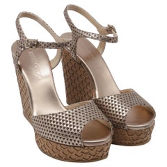 Jimmy Choo Patterned Peep-Toe Wedge Sandals in Metallic Gold Leather