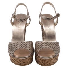 Jimmy Choo Patterned Peep-Toe Wedge Sandals in Metallic Gold Leather
