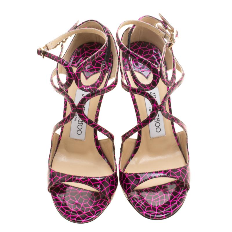We've fallen head over heels in love with these sandals! Possibly one of the most recognized designs from Jimmy Choo, the Lance is coveted by countless women. These ones are crafted from printed patent leather and styled in a strappy layout with