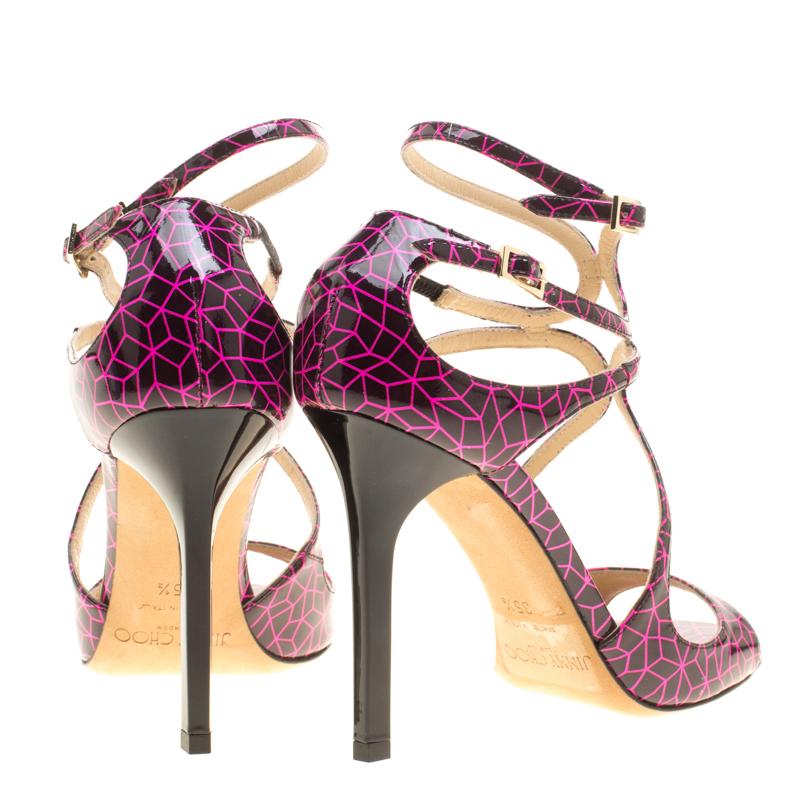 Brown Jimmy Choo Pink and Black Print Patent Lance Strappy Sandals Size 35.5