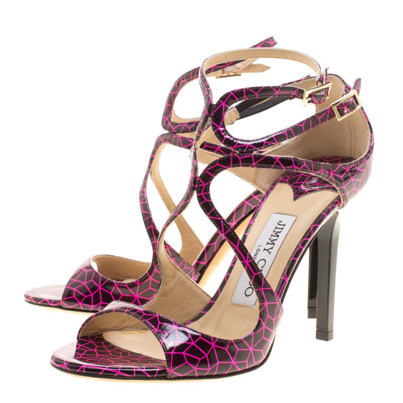 Jimmy Choo Pink and Black Print Patent Lance Strappy Sandals Size 35.5 1
