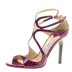Jimmy Choo Pink and Black Print Patent Lance Strappy Sandals Size 35.5