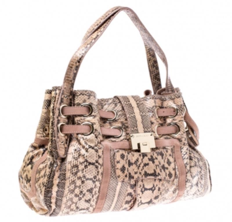 Marrone Jimmy Choo Pink/Beige Python and Suede Riki Tote in vendita