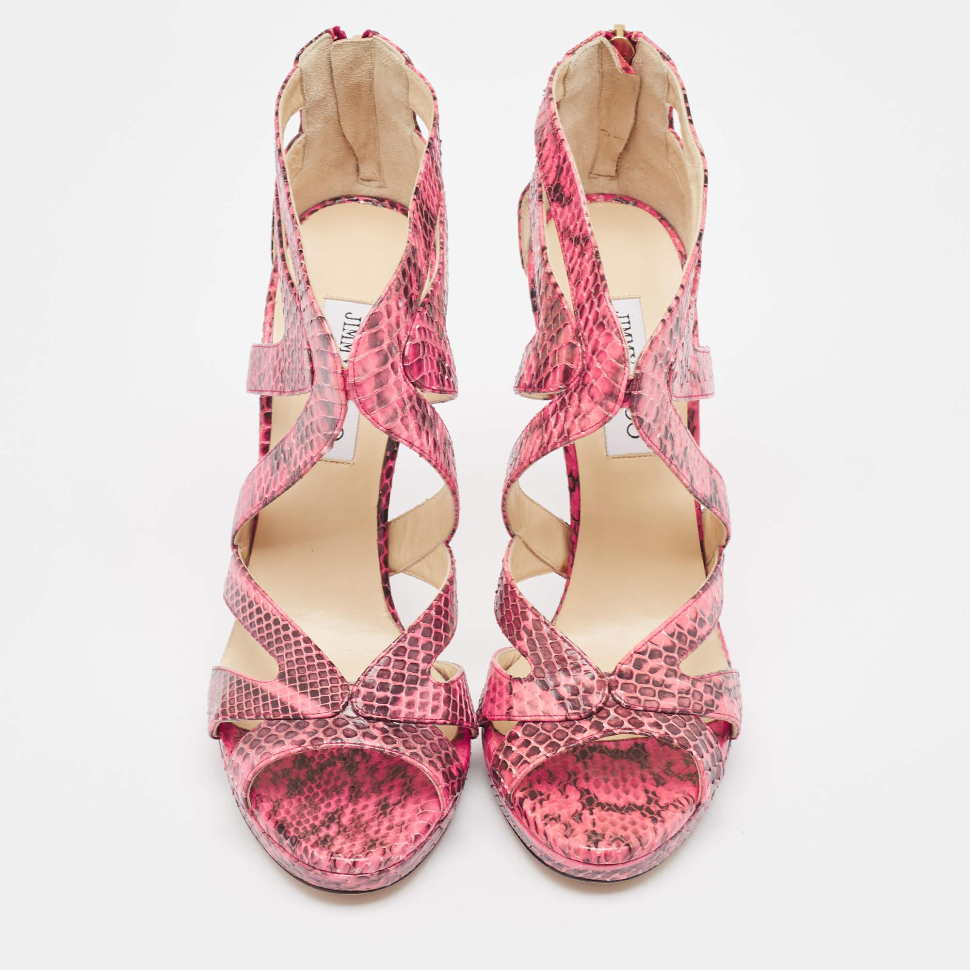 Jimmy Choo Pink/Black Watersnake Platform Ankle Pumps Size 41 In Fair Condition For Sale In Dubai, Al Qouz 2
