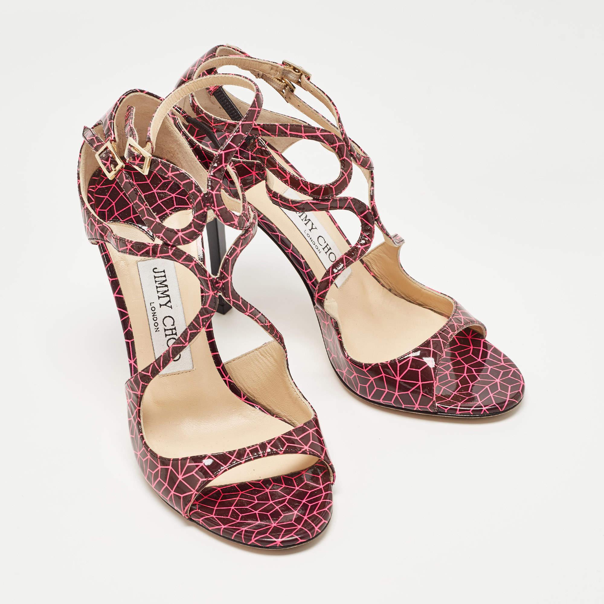 Jimmy Choo Pink/Burgundy Print Patent Leather Lance Sandals Size 37 In Good Condition For Sale In Dubai, Al Qouz 2