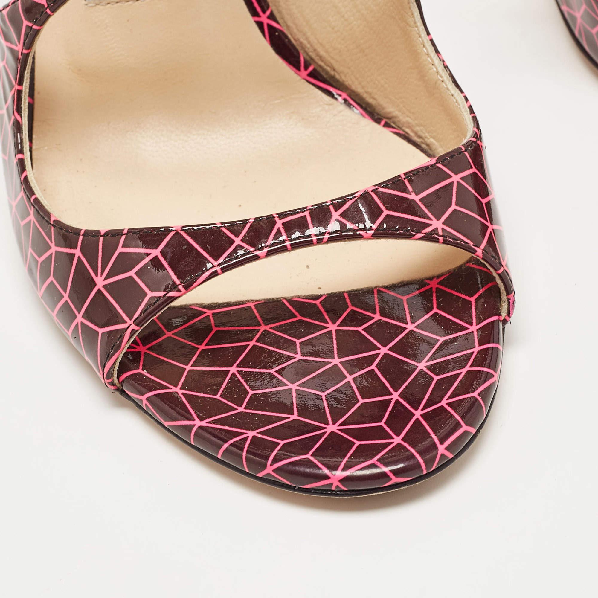 Jimmy Choo Pink/Burgundy Print Patent Leather Lance Sandals Size 37 For Sale 1