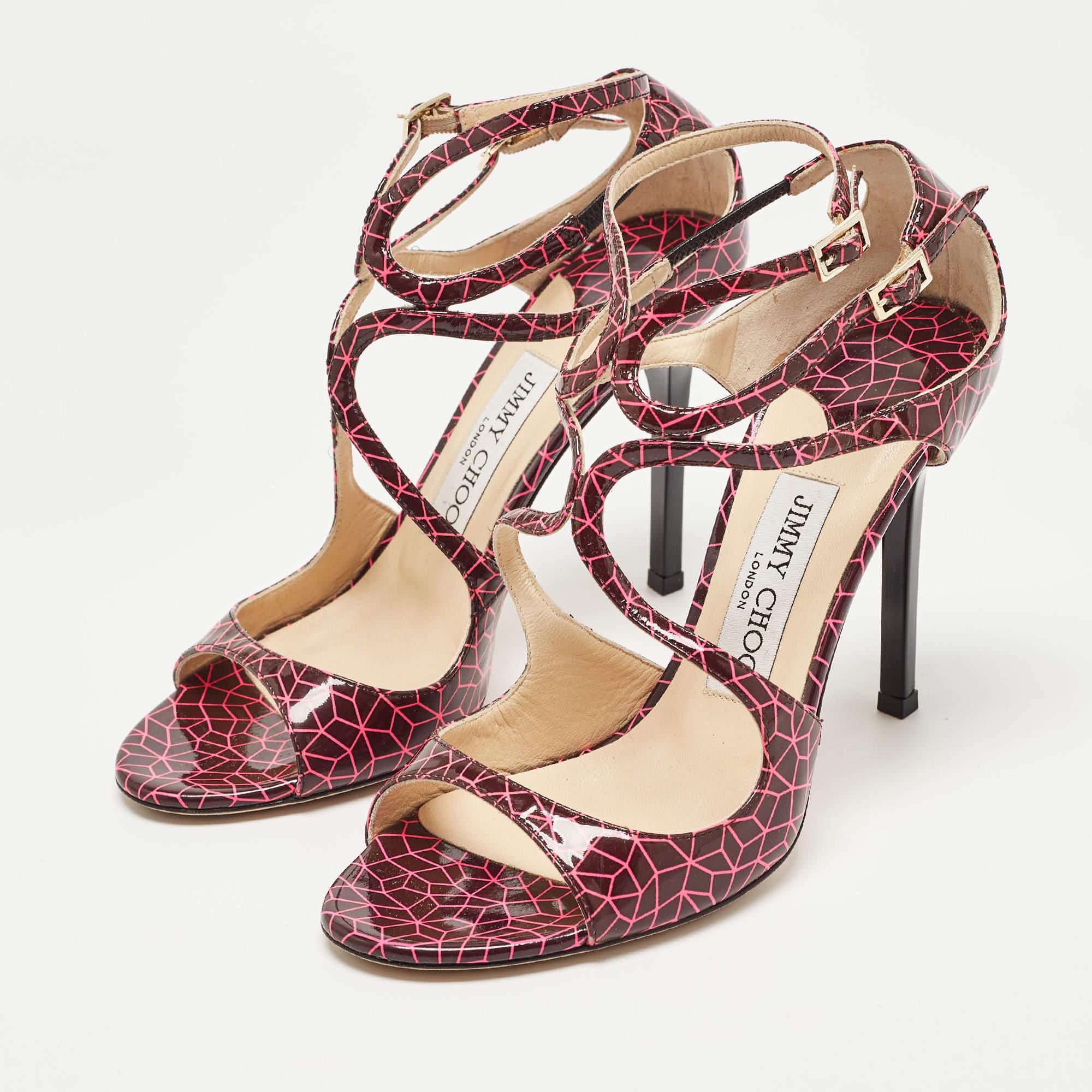Jimmy Choo Pink/Burgundy Print Patent Leather Lance Sandals Size 37 For Sale 4