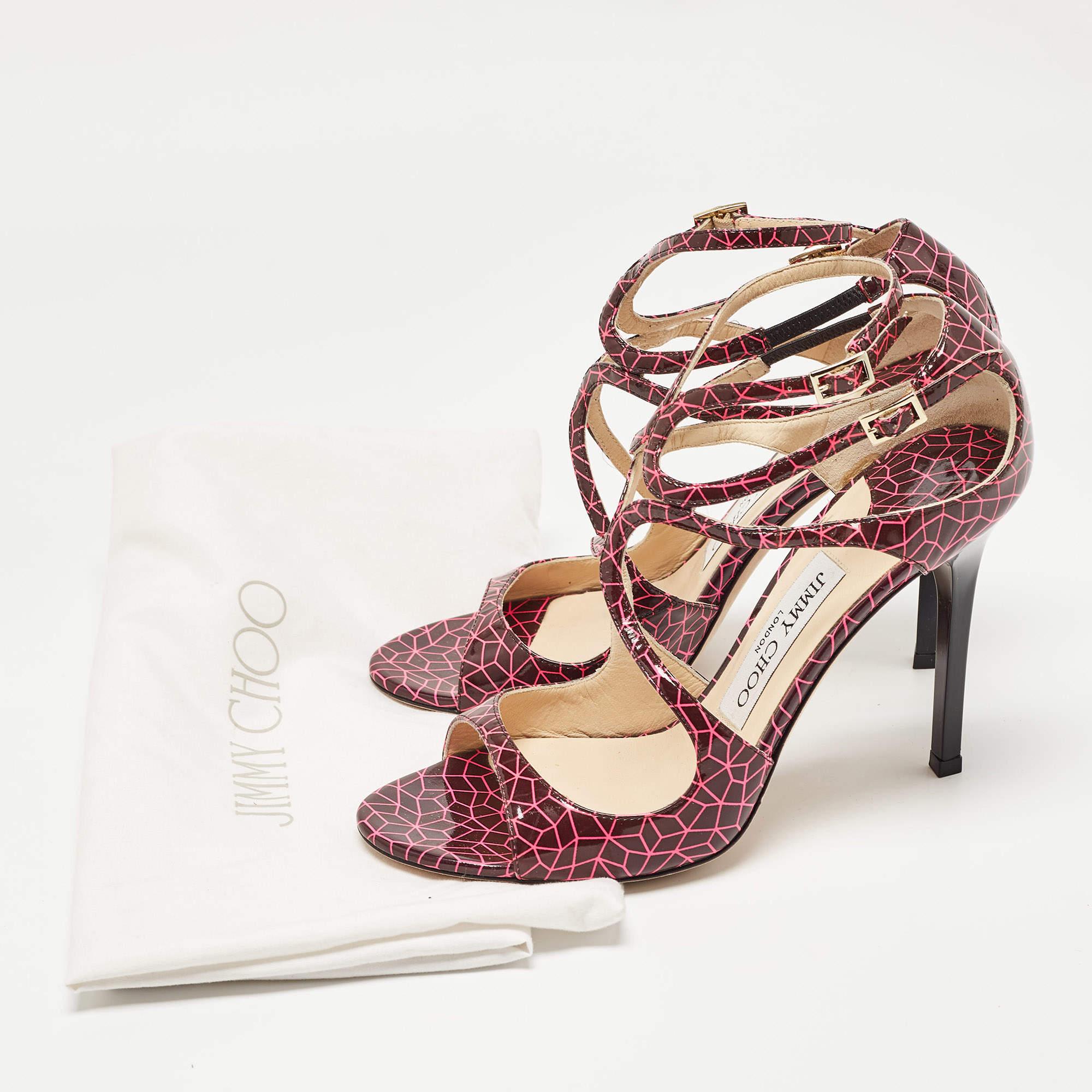 Jimmy Choo Pink/Burgundy Print Patent Leather Lance Sandals Size 37 For Sale 5