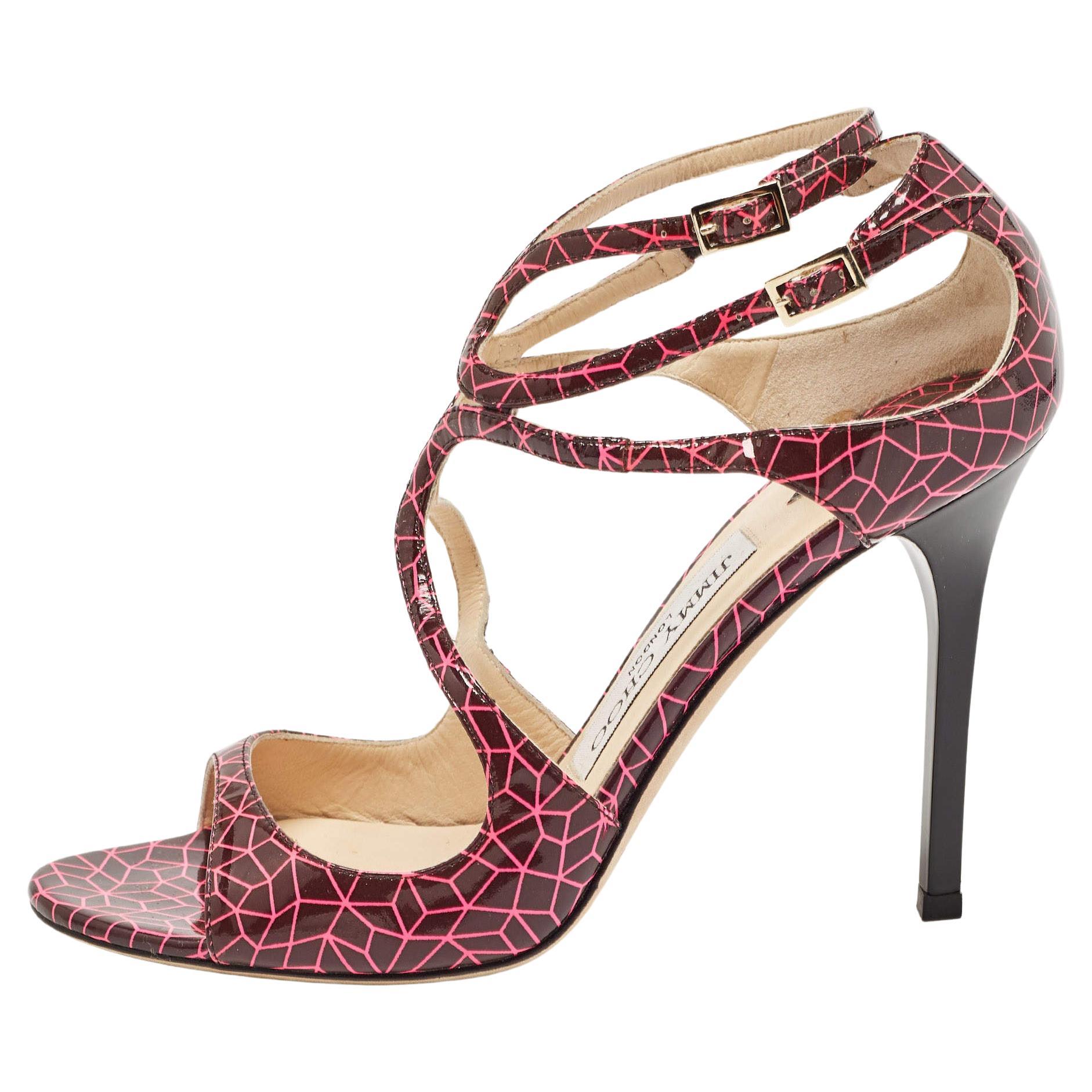 Jimmy Choo Pink/Burgundy Print Patent Leather Lance Sandals Size 37 For Sale
