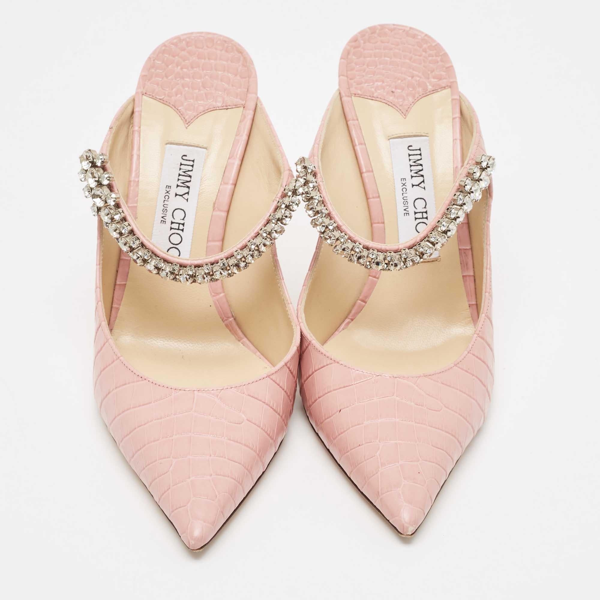 Jimmy Choo Pink Croc Embossed Leather Bing Mules Size 39 In Good Condition In Dubai, Al Qouz 2