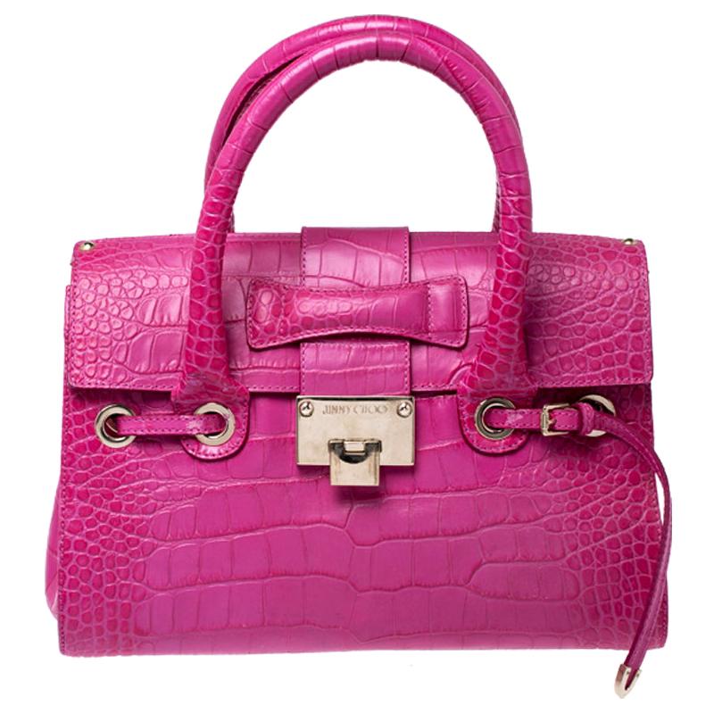 Jimmy Choo Pink Croc Embossed Leather Small Rosalie Satchel For Sale at ...