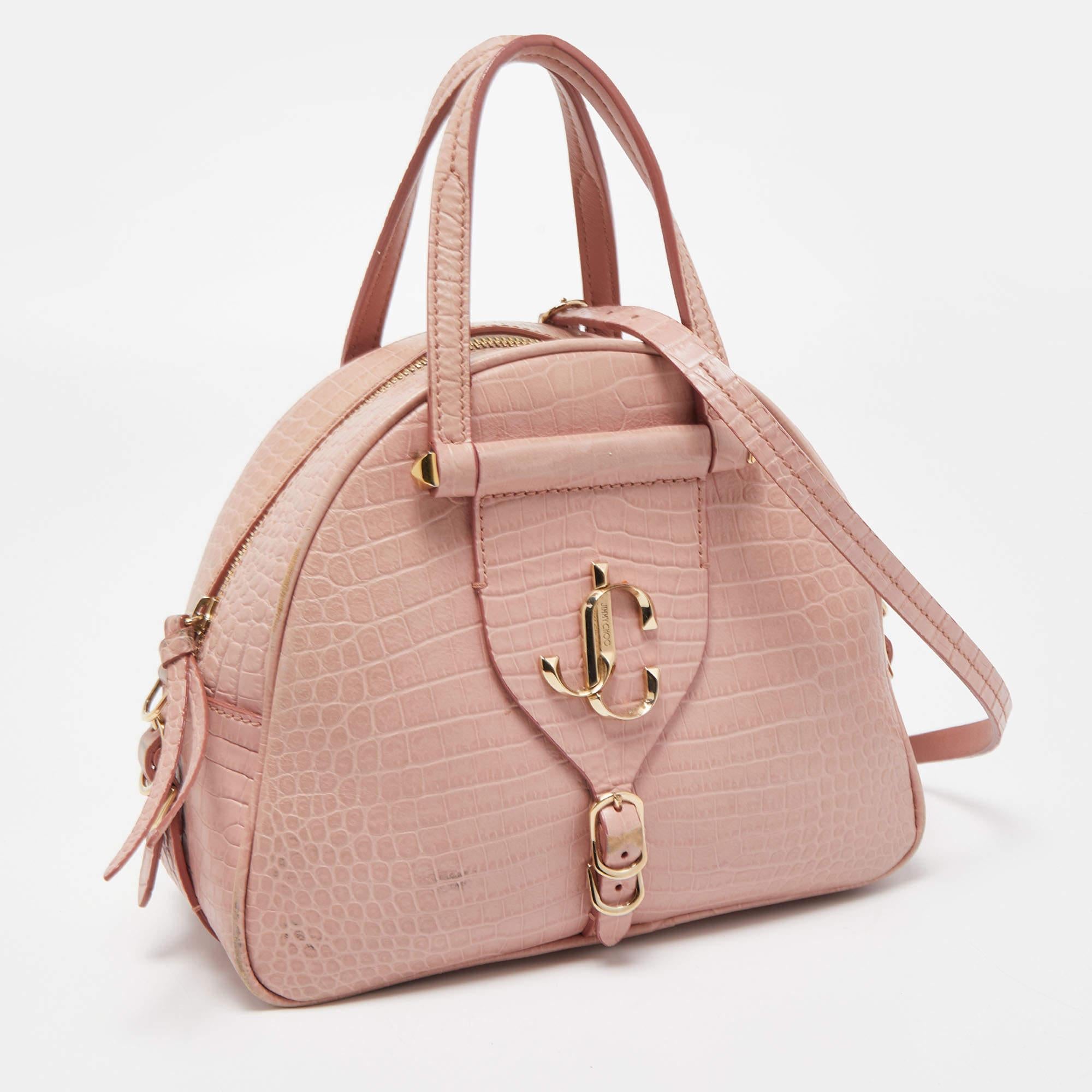 Jimmy Choo Pink Croc Embossed Leather Small Varenne Bowler Bag In Good Condition In Dubai, Al Qouz 2
