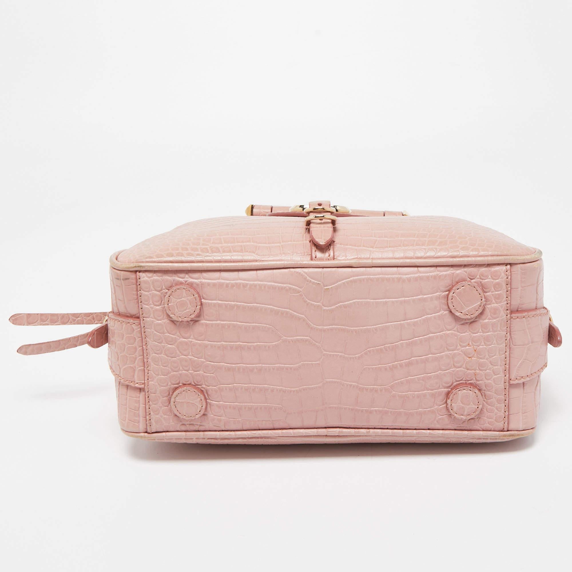 Women's Jimmy Choo Pink Croc Embossed Leather Small Varenne Bowler Bag