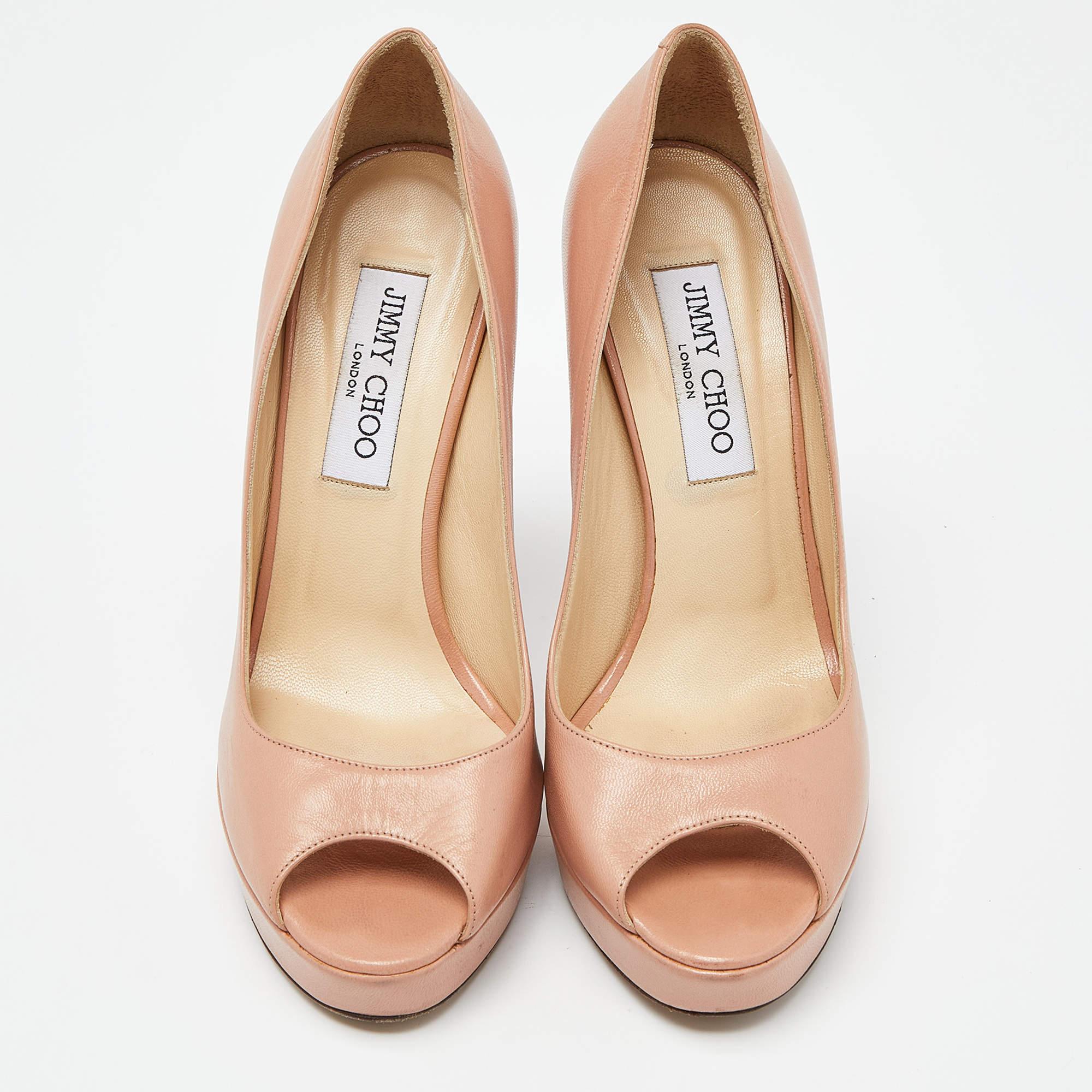 Beige Jimmy Choo Pink Leather Luna Peep Toe Platform Pumps Size 38 For Sale