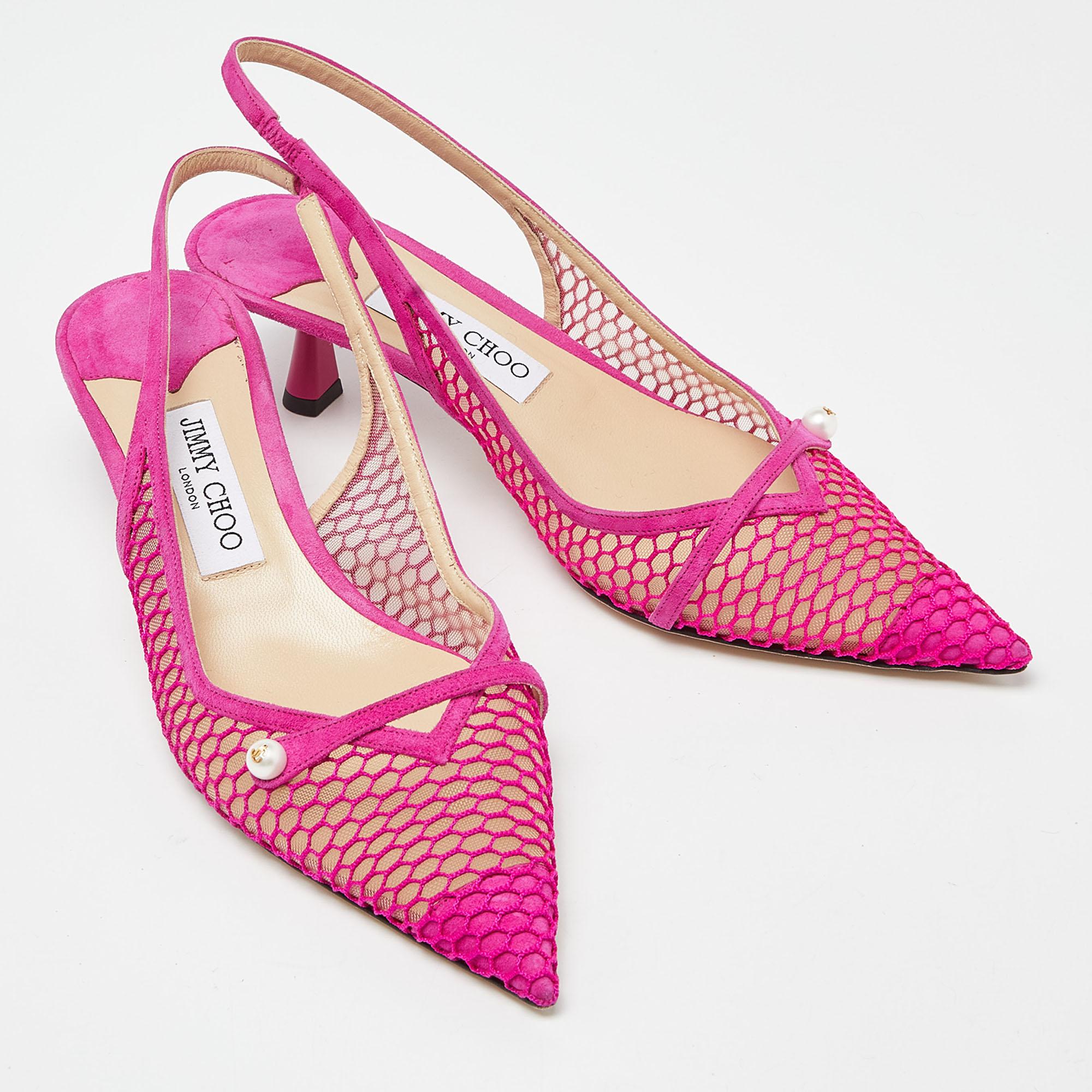 Jimmy Choo Pink Mesh and Suede Slingback Pumps Size 40 For Sale 1