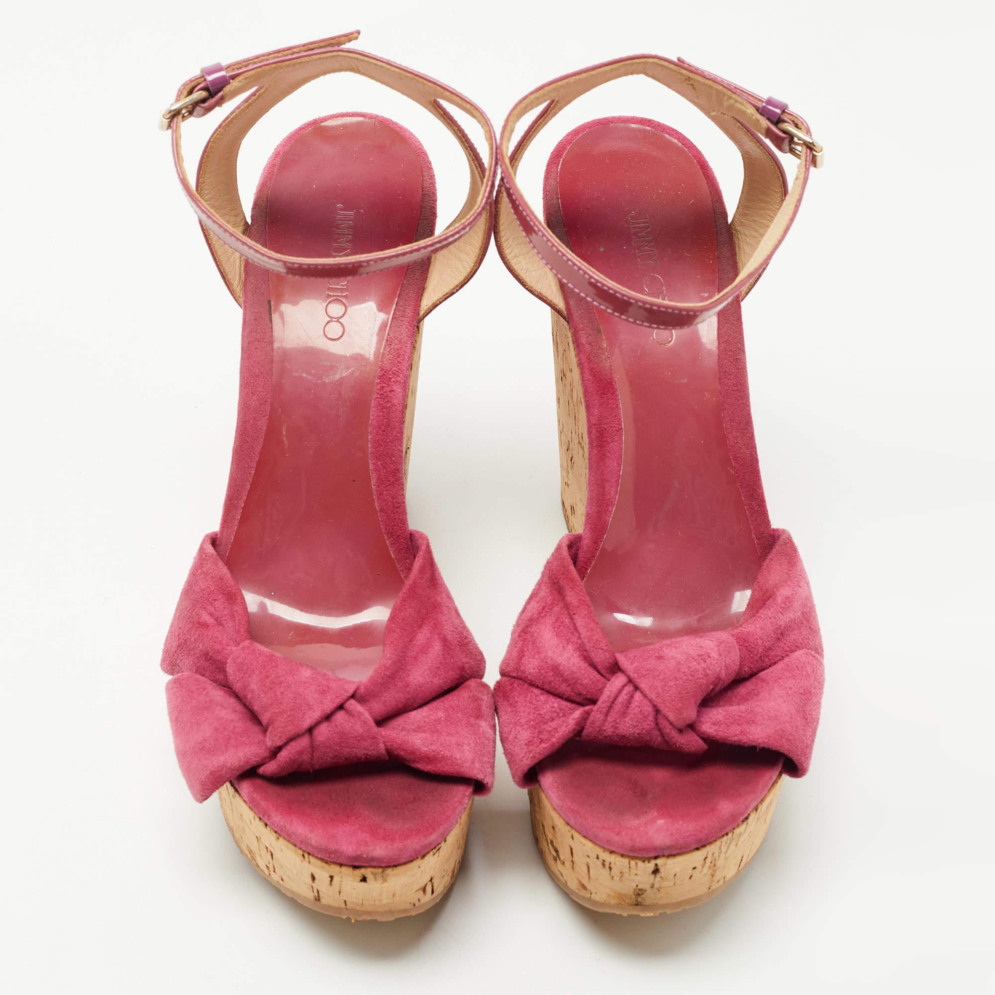 Orange Jimmy Choo Sandales compensées roses en cuir verni et daim, taille 40,5 en vente
