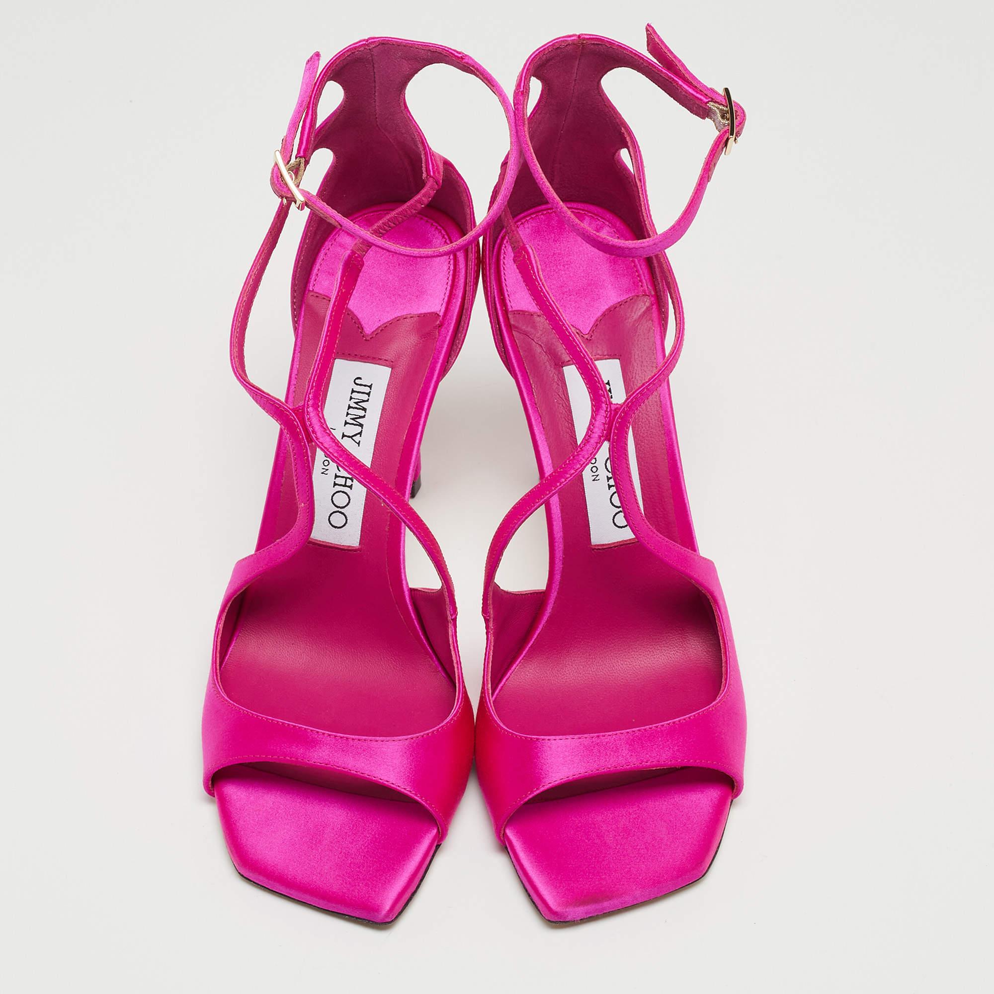 Jimmy Choo Pink Satin Azia 95 Ankle Strap Sandals Size 36.5 In Excellent Condition For Sale In Dubai, Al Qouz 2