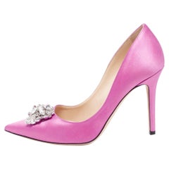 Jimmy Choo Pink Satin Manda Crystal Embellished Pointed Toe Pumps Size 37.5