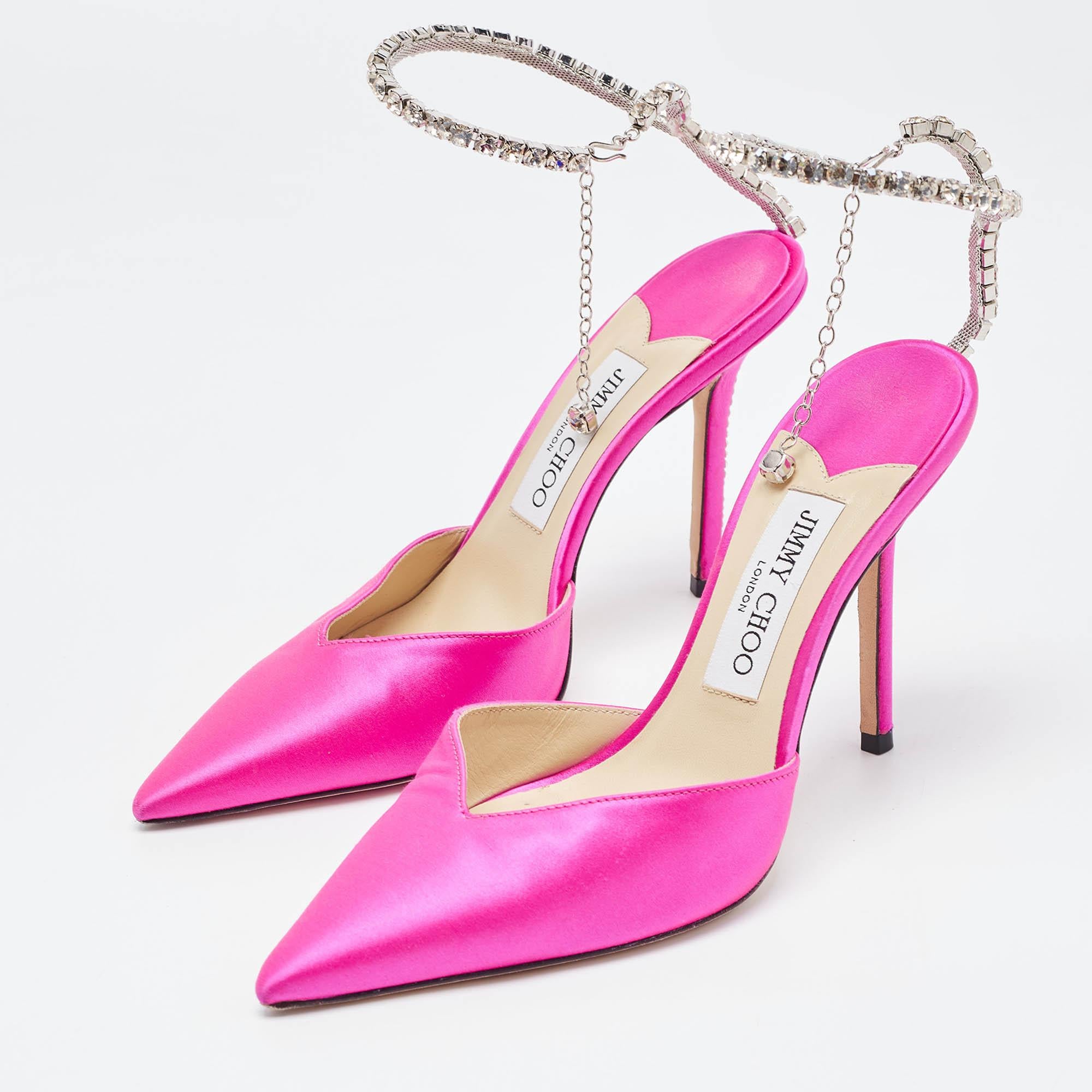 Women's Jimmy Choo Pink Satin Saeda Crystals Ankle Strap Pumps Size 37.5