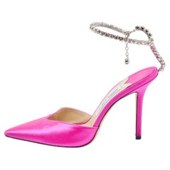 Jimmy Choo Pink Satin Saeda Crystals Ankle Strap Pumps Size 37.5