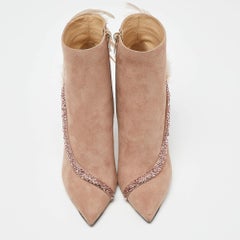 Jimmy Choo Pink Suede and Feather Crystal Embellished Ankle Boots Size 39