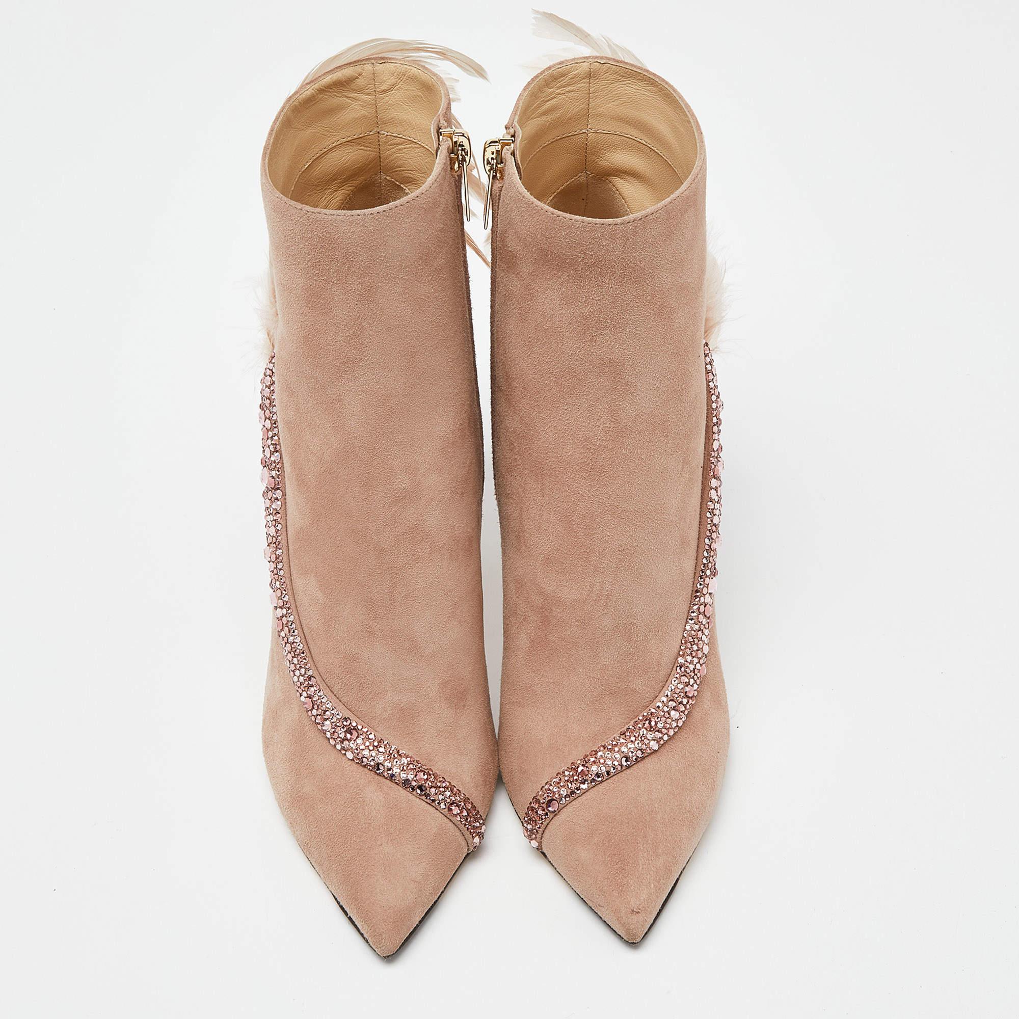 Brown Jimmy Choo Pink Suede and Feather Crystal Embellished Ankle Boots Size 39 For Sale